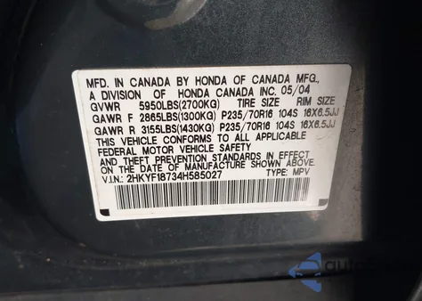 2004 Honda Pilot Ex-L z USA, uszkodzony, nr VIN 2HKYF18734H585027